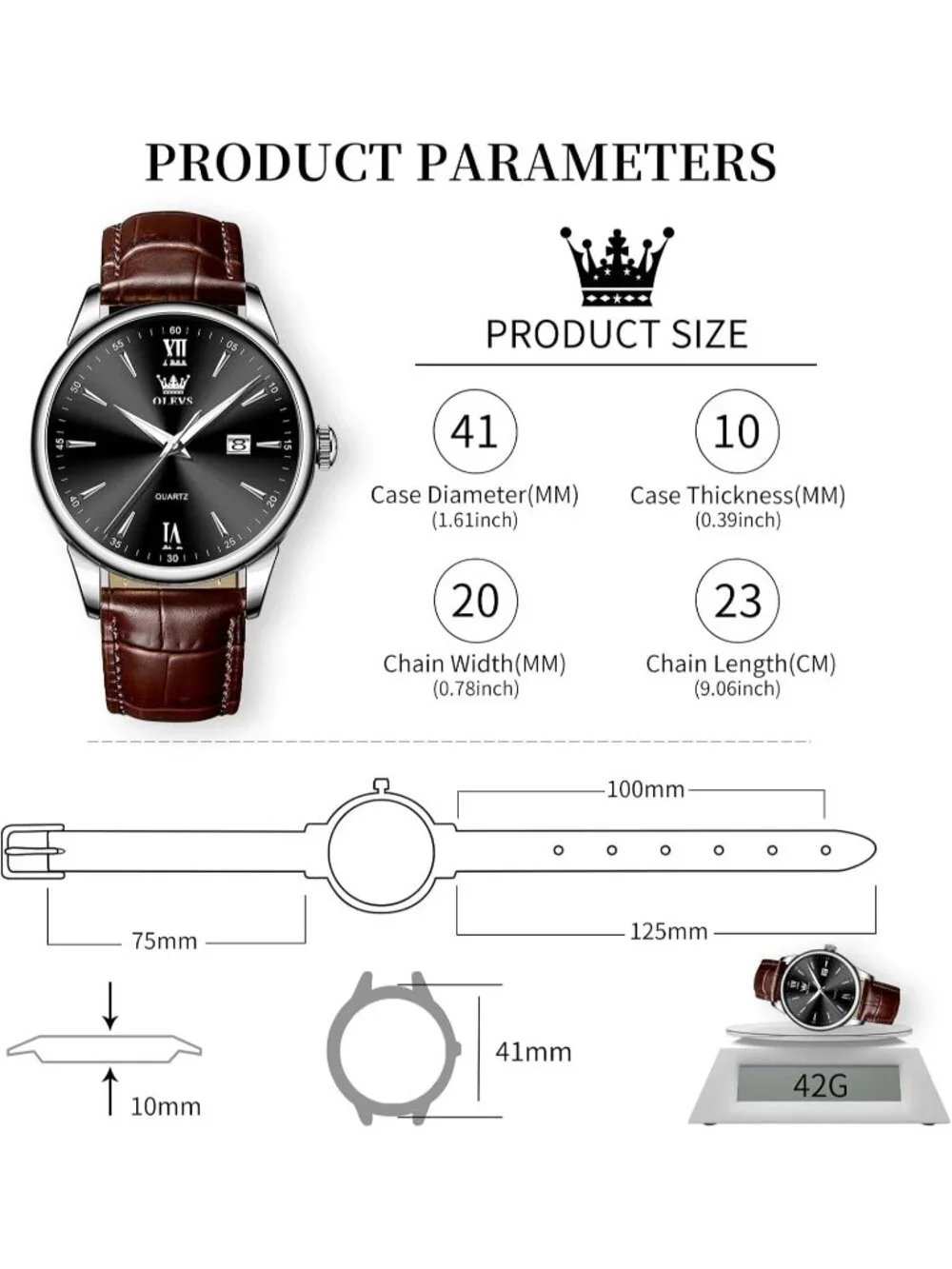 Men's Black Brown Leather Band Waterproof Relog Para Hombres Classic Wrist Watch